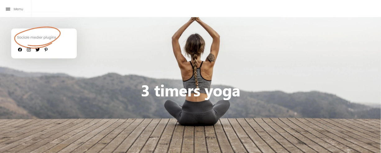 En hjemmeside med en kvinde, der dyrker yoga, og som også er integreret med sociale medier-plugins.